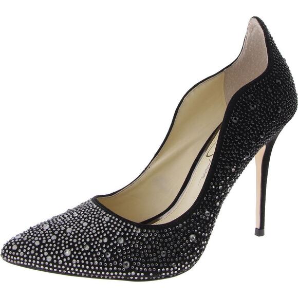 NEW JESSICA SIMPSON Black Silver Crystal Wayva Pointy Toe Stiletto Pumps Heels 8 - Picture 8 of 13